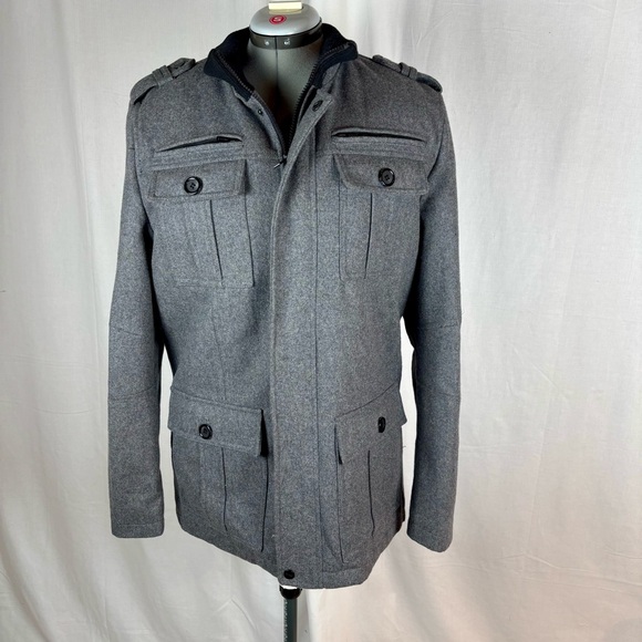Guess 54% Wool Military Army Outdoor Coat– Men’s Medium- Gray Safari Rare Luxury - Picture 3 of 15
